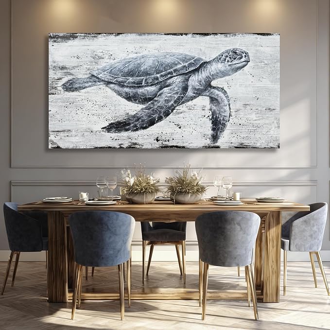 Hue7Art Marine Life Turtle Wall Art Canvas Ocean Wildlife Illustration, Retro Coastal Style Painting for Living Room Bedroom Bathroom Seaside Wall Decoration 29x58 Inch