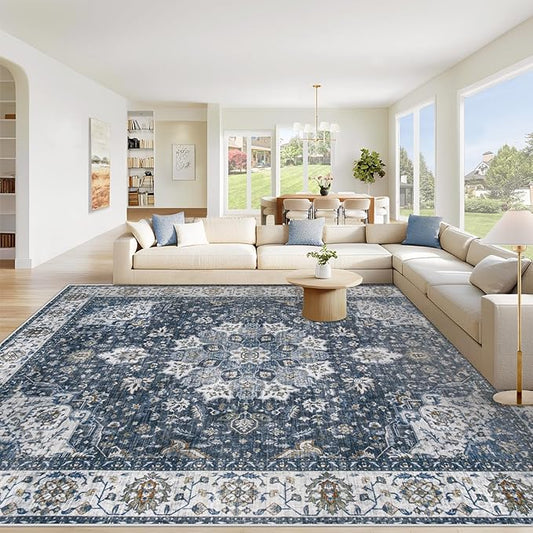 Area Rug 8x10 Washable Rug, Vintage Boho Medallion Rugs Non-Slip Soft Low Pile Large Distressed Rug Indoor Retro Carpet for Living Room Bedroom Dining Room Home Office (Vintage Blue, 8'x10')