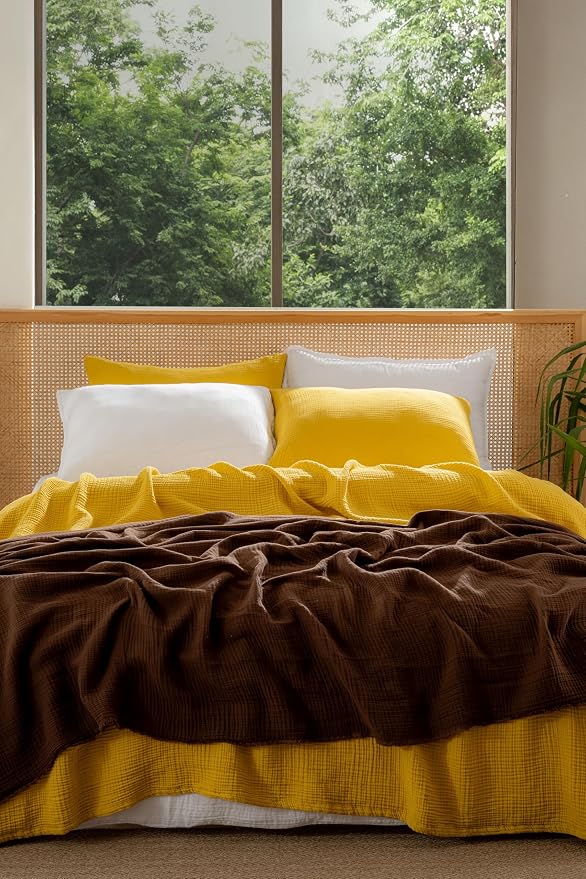 Muslin Blanket - Pure 100% Turkish Cotton Airy Soft Light Versatile Gauze Throw Blanket for Bed, Couch, Sofa (Mustard Yellow, Twin XL Size (71" x 95" inch))