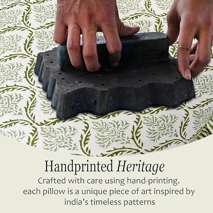 CPC Fern Regal Hand Block Print 100% Cotton Ruffle Throw Pillow Cover 18x18 inch with Hidden Zipper Decorative for Couch, Bed, Sofa, Farmhouse, Cottagecore Decor Gift Christmas Fall Thanksgiving