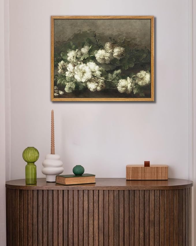 UPWOIGH White Floral Framed Still Life Wall Art, 16 x 24 Inch | Cream White Blooms and Dark Green Leaves, Vintage Moody Oil Painting Style, Warm Wood Frame for Living Room and Bedroom