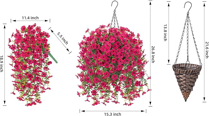 HyeFlora Artificial Hanging Flowers Basket for Outdoor, Fake Flowers Faux Plants Look Real for Yard Gardens Porch Patio Home (Hotpink)