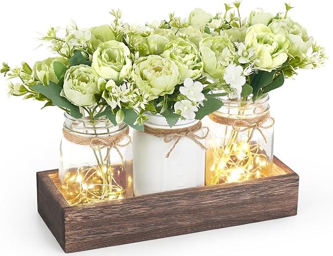 Mkono Mason Jar Lights Centerpiece Table Decorations for Dining Room Farmhouse Coffee Table Decor, Wood Tray with 3 Jars Flowers for St. Patrick's Day, Easter, Spring Home Decor