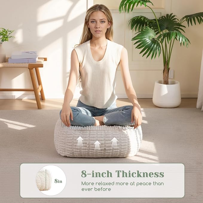 HIGOGOGO 8" Floor Pillow Cushion for Adults, Meditation Cushion Pillow, Blended Corduroy Cover, Large Square Floor Sitting for Tatami Living Room or Yoga, 2Pack, Beige