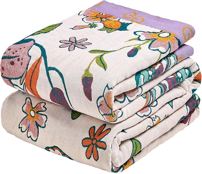 MSGKV Boho Throw Blanket 60"x80" Floral Blanket for Bed Couch 100% Cotton Summer Breathable Lightweight Farmhouse Twin Blankets All Seasons Home Decor Muslin