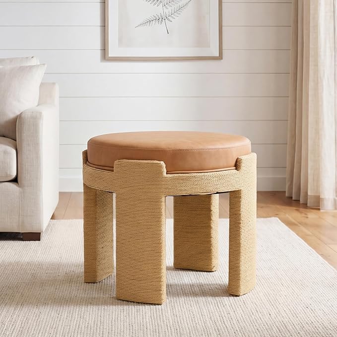 Round Vanity Chair, Boho Hand-Woven Rope Upholstered Accent Footrest Stool Makeup Ottoman Stool Fully Assembled for Bedroom Living Room, Brown Leather