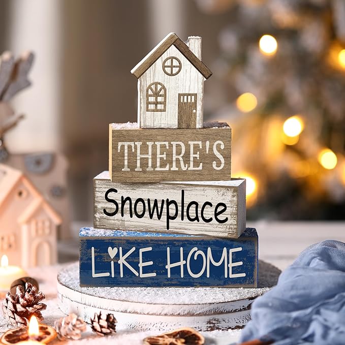 Lineshading 4 Pcs Winter Table Decoration Wooden House Decor Winter Tiered Tray Decor Rustic Decorative House Block Signs Gifts Christmas Centerpieces Farmhouse Sweet Home Decoration for Kitchen Desk