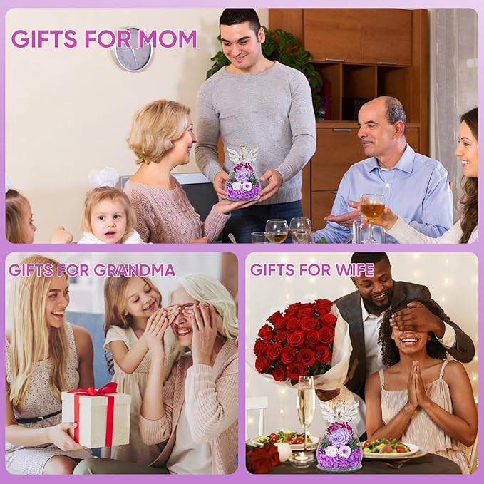 Bessol Gifts for Mom Birthday Flowers for Women Mothers Day Flowers for Delivery Preserved Roses Forever Flower in Glass Angel Figurines Fresh Eternal Rose for Grandma Wife Sister Daughter Friends
