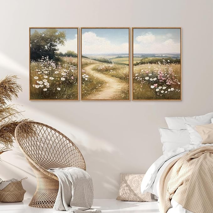 Rantodecor Rustic French Country Framed Canvas Wall Art, Vintage Flower Field Wall Decor, Calming Nature Landscape Art Paintings, Modern Wildflower Artwork for Farmhouse Bedroom Living Room 24"x36"x3