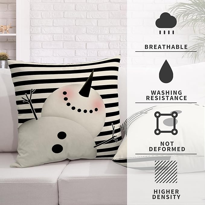 Cute Snowman Decoration Pillow Covers 20x20 Winter Black and White Striped Throw Pillowcases Two Sides Print Cotton Linen Cushion Case for Home Decor Couch Sofa 2 Pack