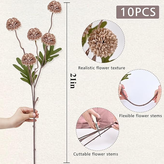 Waipfaru 10pcs Fake Silk Pompon Mum Artificial Flowers, Bulk Faux Mini Chrysanthemums, for Centerpieces Wedding Fillers Champagne Arrangements, No vase, Brown