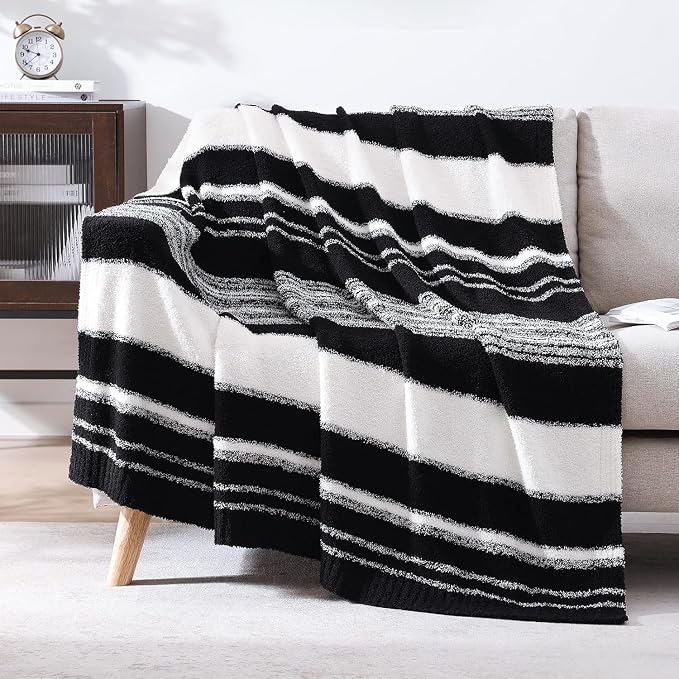 WRENSONGE Soft Throw Blanket for Couch-Cozy Reversible Knitted Blankets | Lightweight Warm Fluffy Decor for Women, Mom, Her & Girls, Sofa, Chair, Bed, 50x70in,Black White Stripe