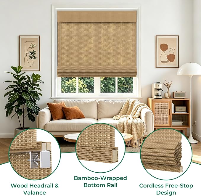 Allesin zen No Drill Cordless Bamboo Roman Shades, Light Filtering 24" W x 64" H, Brown