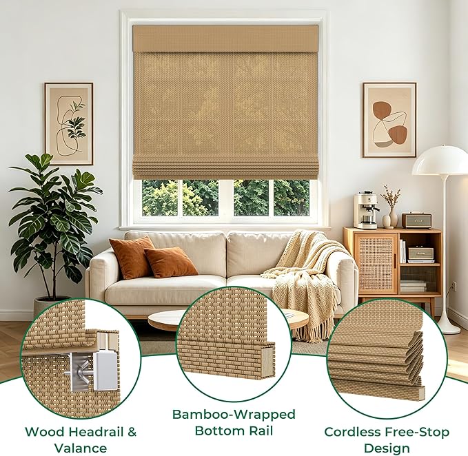Allesin zen No Drill Cordless Bamboo Roman Shades, Light Filtering 34" W x 48" H, Brown