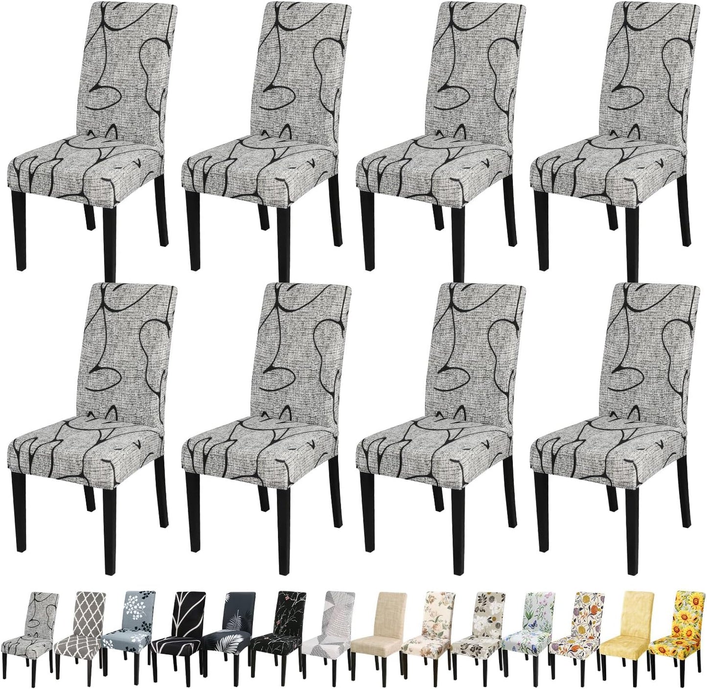 JQinHome Pattern Chair Covers for Dining Room Set of 8, High Stretch Removable Washable Parsons Chair Slipcover for Home Party Hotel Wedding Ceremony (8PCS, Lotus Gray)