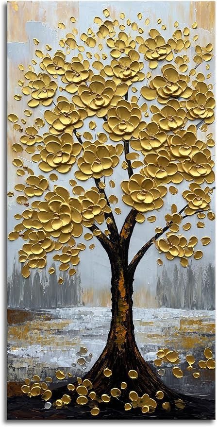 zoinart 3D Modern Oil Paintings, Gold Fortune Tree Painting, Abstract Vertical Canvas Wall Art, Floral Wall Painting for Dining Room Hallway Living Room Wall Decor 48x24 Inches