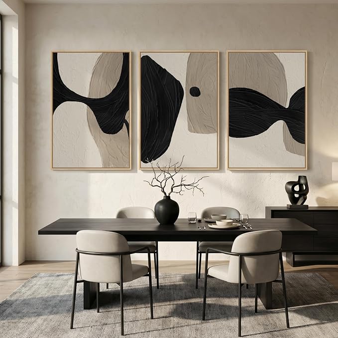 Large Framed Neutral Abstract Wall Art for Living Room, 3 Piece Black and Beige Canvas Artwork for Walls, Abstract Modern Minimalist Painting Prints Wall Decor for Hallway Dining Room Office, 24x36 In