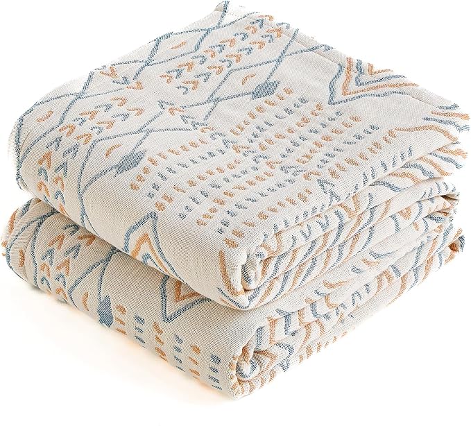 Large Boho Throw Blanket,90"x98" Double-Sided Soft Cotton Quilt,4-Layer Gauze Muslin Blankets for Adults,Unique Geometric Bedspread Home Decor,Breathable Summer Blanket, Blue/Beige