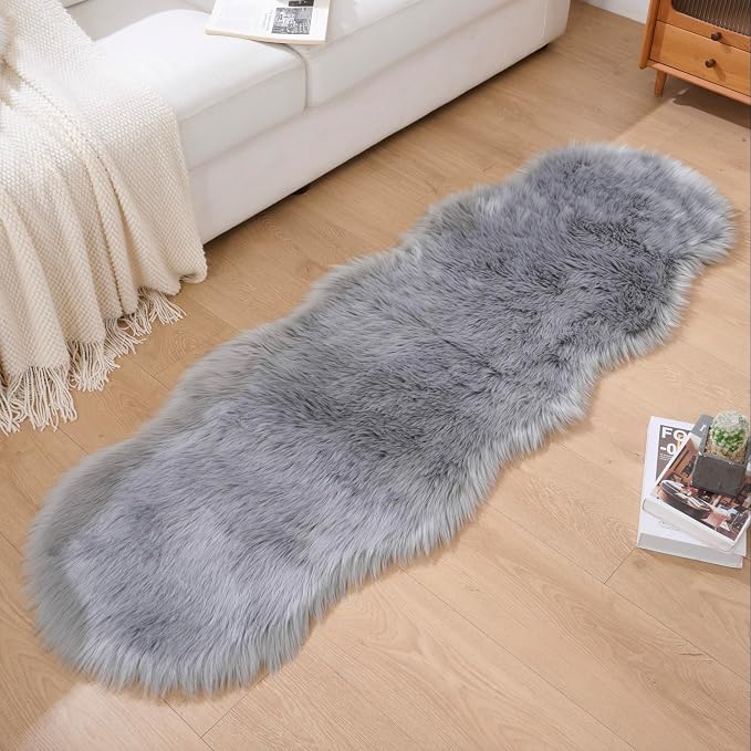 Faux Fur Sheepskin Runner Rug Gery 2x6 ft Ultra Soft Shaggy Plush Fluffy Fuzzy Area Carpet Decorative Chair Cover Floor Mat for Bedroom Sofa Living Room Bedside