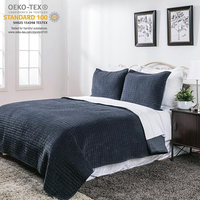 Elegant Life Home Reversible Royal Cotton Velvet Pic-Stitch Bedding Quilt - Queen Quilt - 88" x 92", Dusty Blue