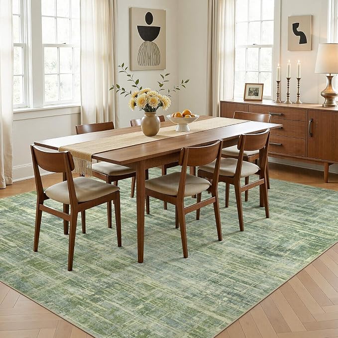 UERMEI 9x12 Washable Area Rug for Living Room: Modern Neutral Abstract Large Soft Low Pile Carpet Non-Slip Pet Kids Friendly Indoor Decor for Bedroom Dining Room Home Office Nursery Green