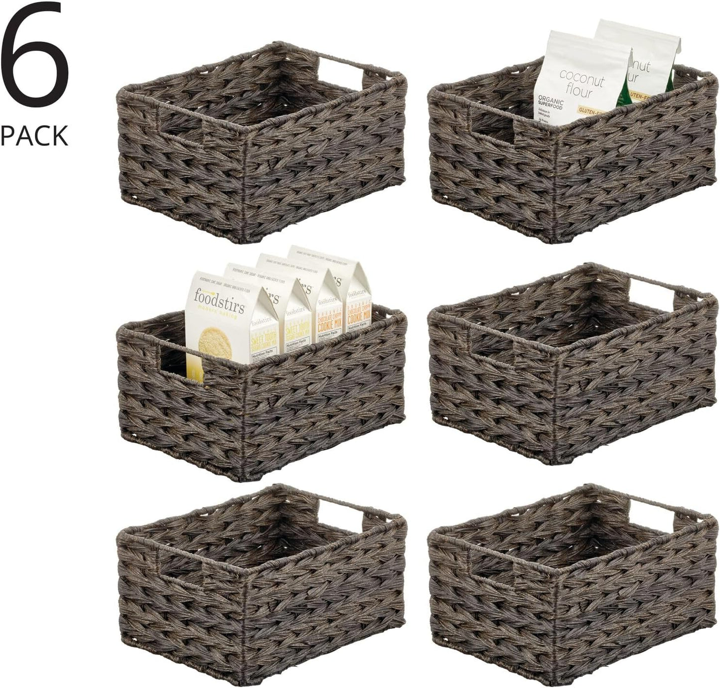 mDesign Woven Farmhouse Kitchen Pantry Food Storage Organizer Basket Box - Container Organization for Cabinets, Cupboards, Shelves, Countertops, Store Potatoes, Onions, Fruit, 6 Pack, Espresso Brown