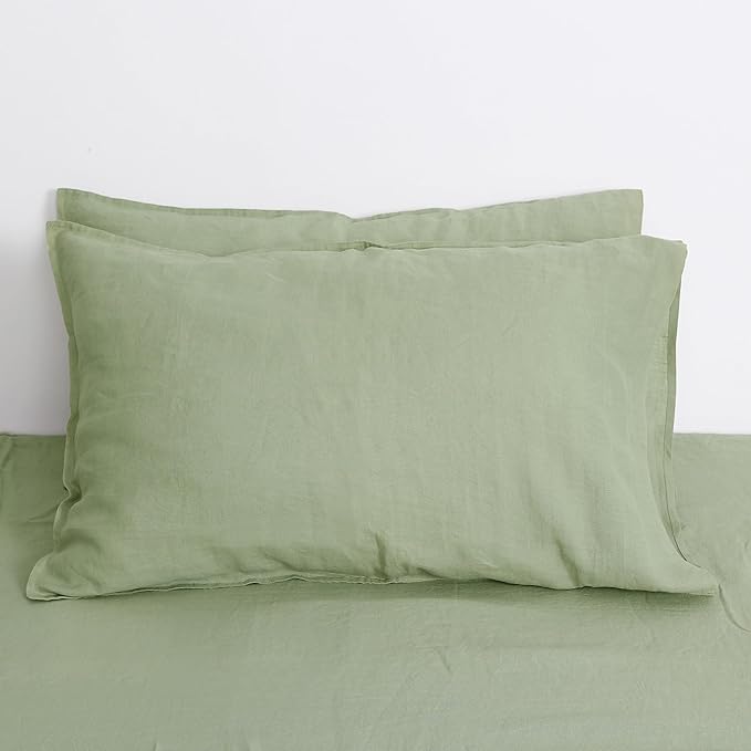 Linen World Natural Linen Pillowcase Set - Stone Washed Moisture-Absorbing,Queen Size (20''x30''),Sage Green