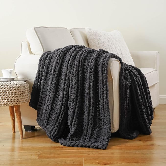 Battilo Chunky Knit Throw Blanket for Couch, 50"x60", Charcoal | Hand Knit, Dark Grey Throw Blanket, Cozy Warm Thick Soft Chenille Throw Blanket for Bed, Sofa, Living Room