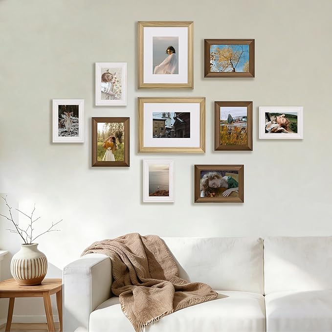 eletecpro Gallery Wall Frame Set of 10, Multiple Sizes Solid Wood Picture Frames Collage Wall Decor Including 2Pcs 8x10, 4Pcs 5x7, 4Pcs 4x6 Photo Frames, Natural, White, Brown