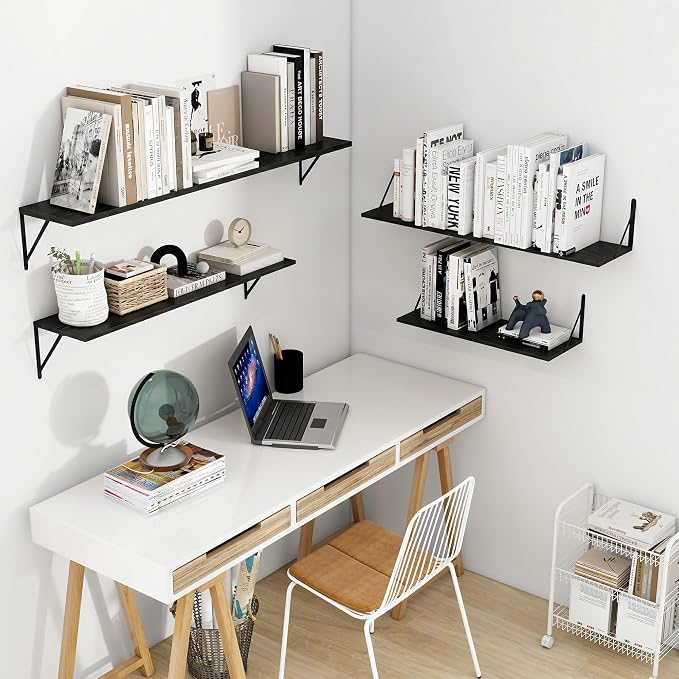 Vivelove Black Deep Floating Shelves for Wall, 24W x 8D Wood Wall Shelves Set of 2, Wide Floating Bookshelf for Living Room, Kitchen, Office, Bedroom and Decor Storage, with Metal Bracket - Black