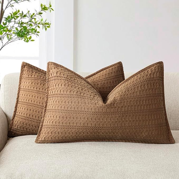 Foindtower Set of 2 Decorative Cotton Waffle Weave Lumbar Throw Pillow Covers Euro Shams Cushion Covers Accent European Pillowcase for Bed Couch Bedroom Living Room Home Decor 12×20 Inch Orange Brown
