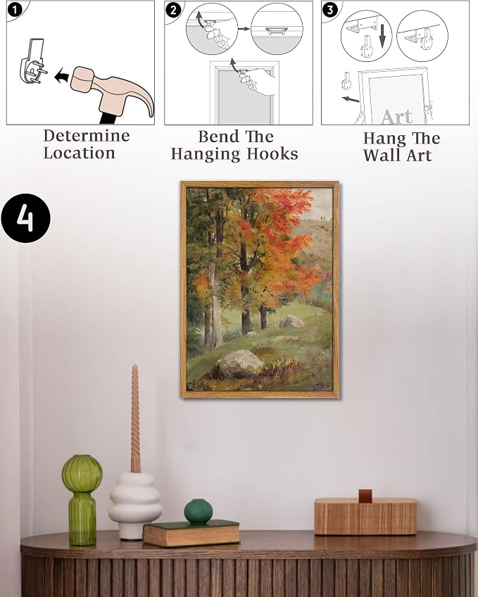 UPWOIGH Autumn Landscape Framed Wall Art, 16 x 24 Inch | Vintage Autumn Tree Landscape Print, Warm Fall Tones, Oil Painting Style, Warm Wood Frame for Bedroom and Office