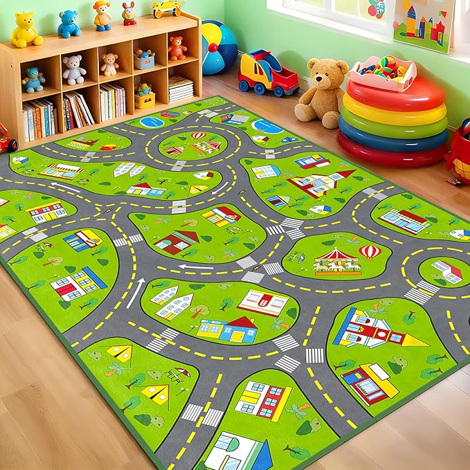 Car Play Rug City Life Traffic Road Kids Rug, Educational Road Carpet Kids Play Mat for Floor Nursery Toddler Preschool Bedroom Living Room Playroom, 3x5 Feet, Green