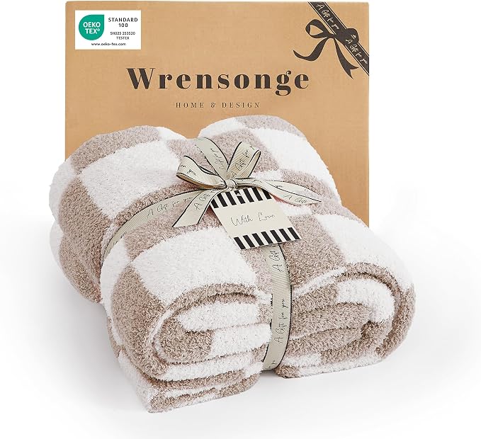 WRENSONGE Soft Checkered Throw Blanket for Couch-Cozy Warm Knitted Blankets | Lightweight Warm Fluffy Decor for Women, Mom, Her & Girls, Sofa, Chair, Bed, 50x60in,Taupe