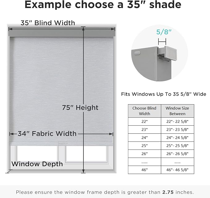 Joydeco No Drill Blackout Shades, Free-Stop Cordless Roller Shades, UV Protection, Thermal Insulated Blinds for Indoor Windows, Easy Install Window Blinds for Home and Office (Grey, Custom Size)