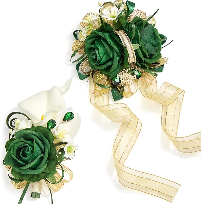 Serwalin Green Prom Corsage and Boutonniere Set, Artificial Calla Lily & Rose Wrist Corsage Wristlet for Homecoming, Formal Dance, Wedding Flower Accessories Suit Decorations
