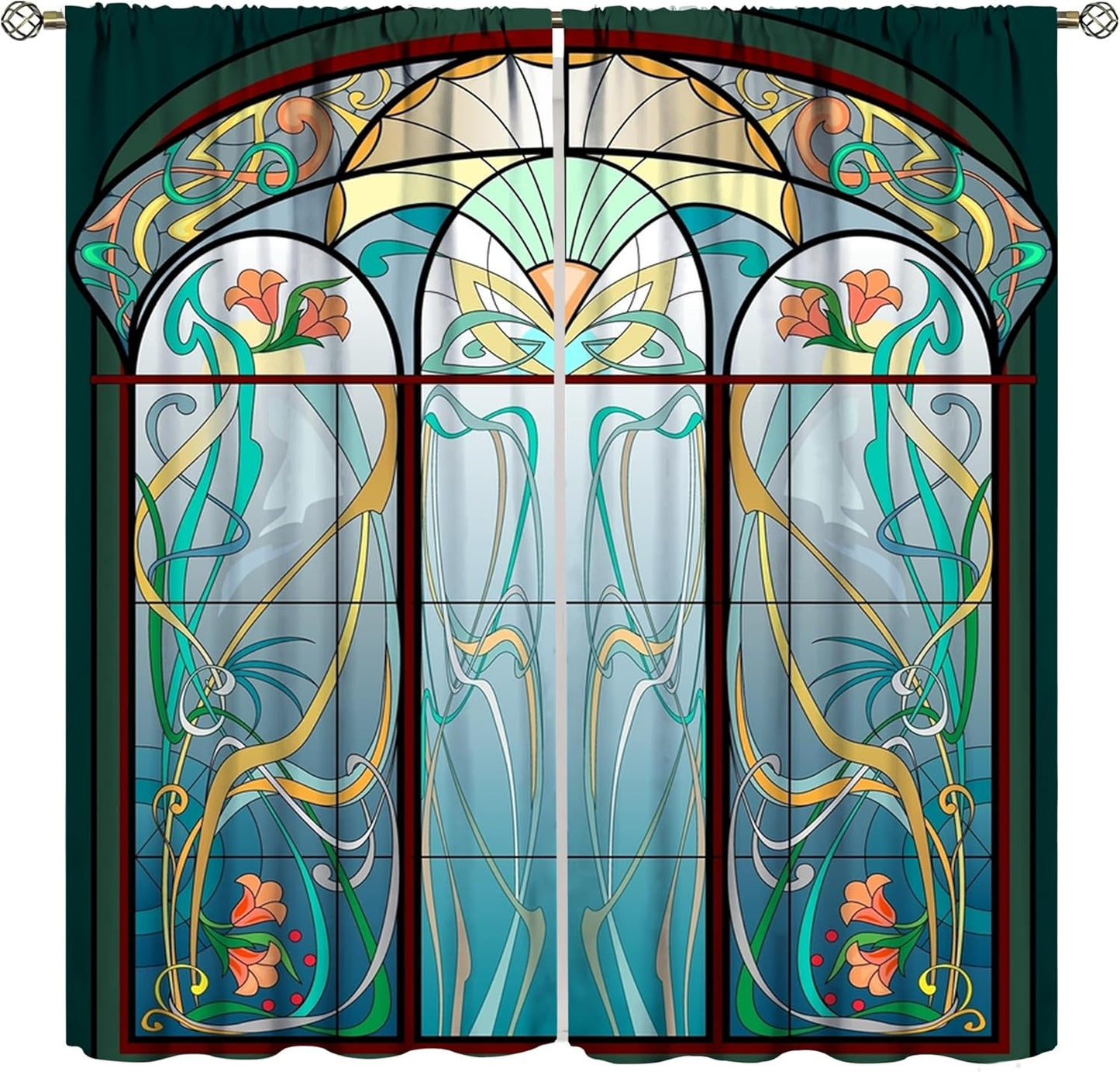 Stained Glass Curtains, Retro Mid Century Boho Abstract Art Home Decor Drapes for Bedroom Living Room Kitchen Window Treatment 2 Panels Set Total Size 72" W X 63" L Inch