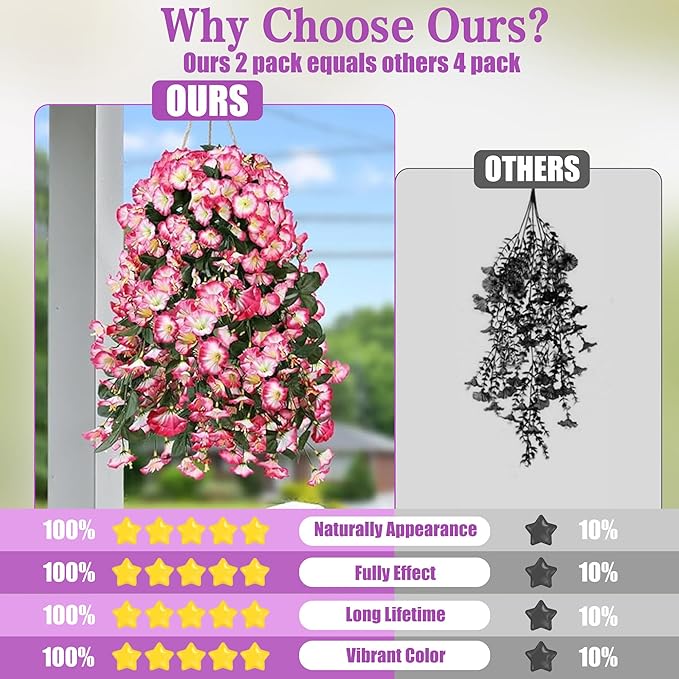 Sggvecsy Artificial Fake Hanging Flowers Plants for Outdoor Outside Spring Summer Decoration 4PCS Faux Silk UV Resistant Realistic Morning Glory Trailing Vines for Home Porch Patio Balcony(Pink)