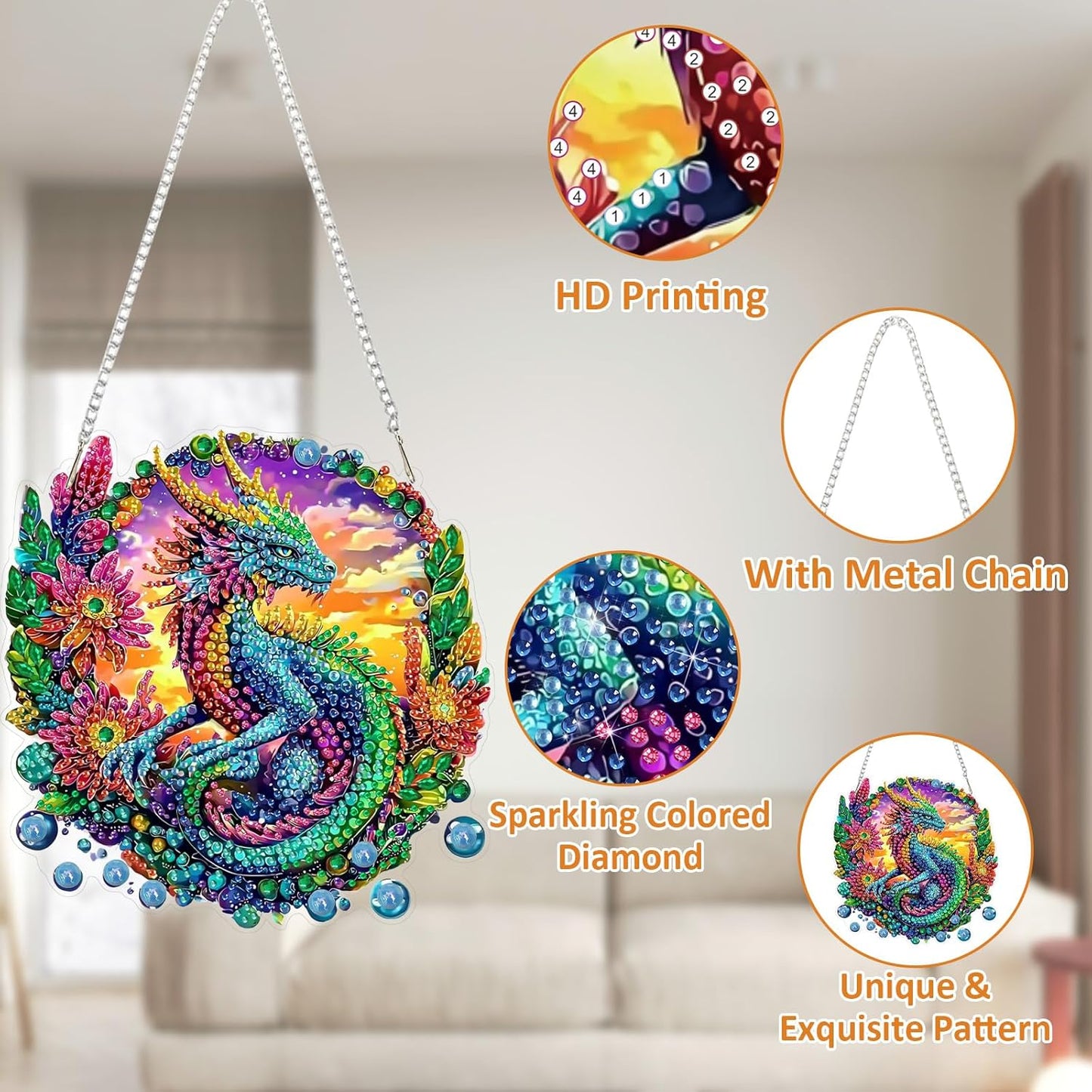 SENQAO Dragon Diamond Art Hanging Kit for Adult, Special Shaped Rhinestone, Double Sided DIY Acrylic Diamond Art Painting Window Pendants Home Garden Wall Hanging Kits Hanging Ornament