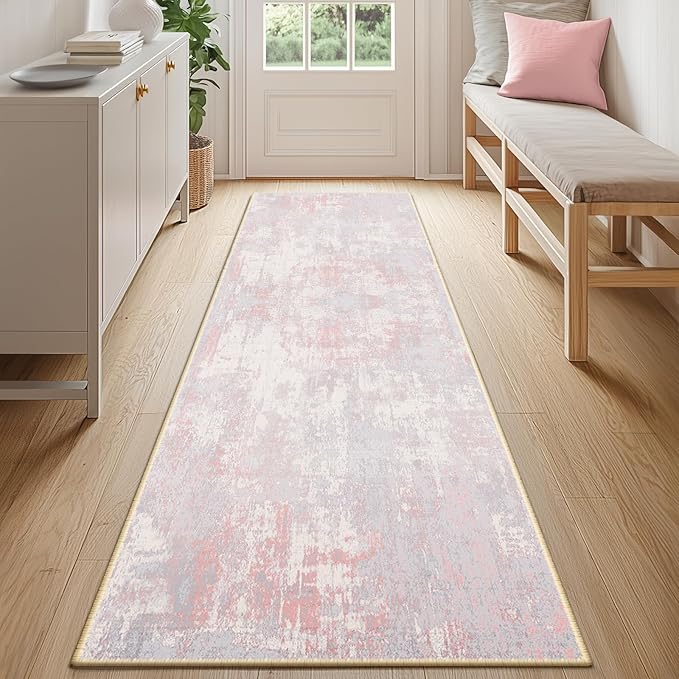 RELEANY Washable Area Rugs 2'x6' Non-Slip Modern Abstract Soft for Living Room Entryway Bedroom Nursery, Print Pattern, Grey Pink