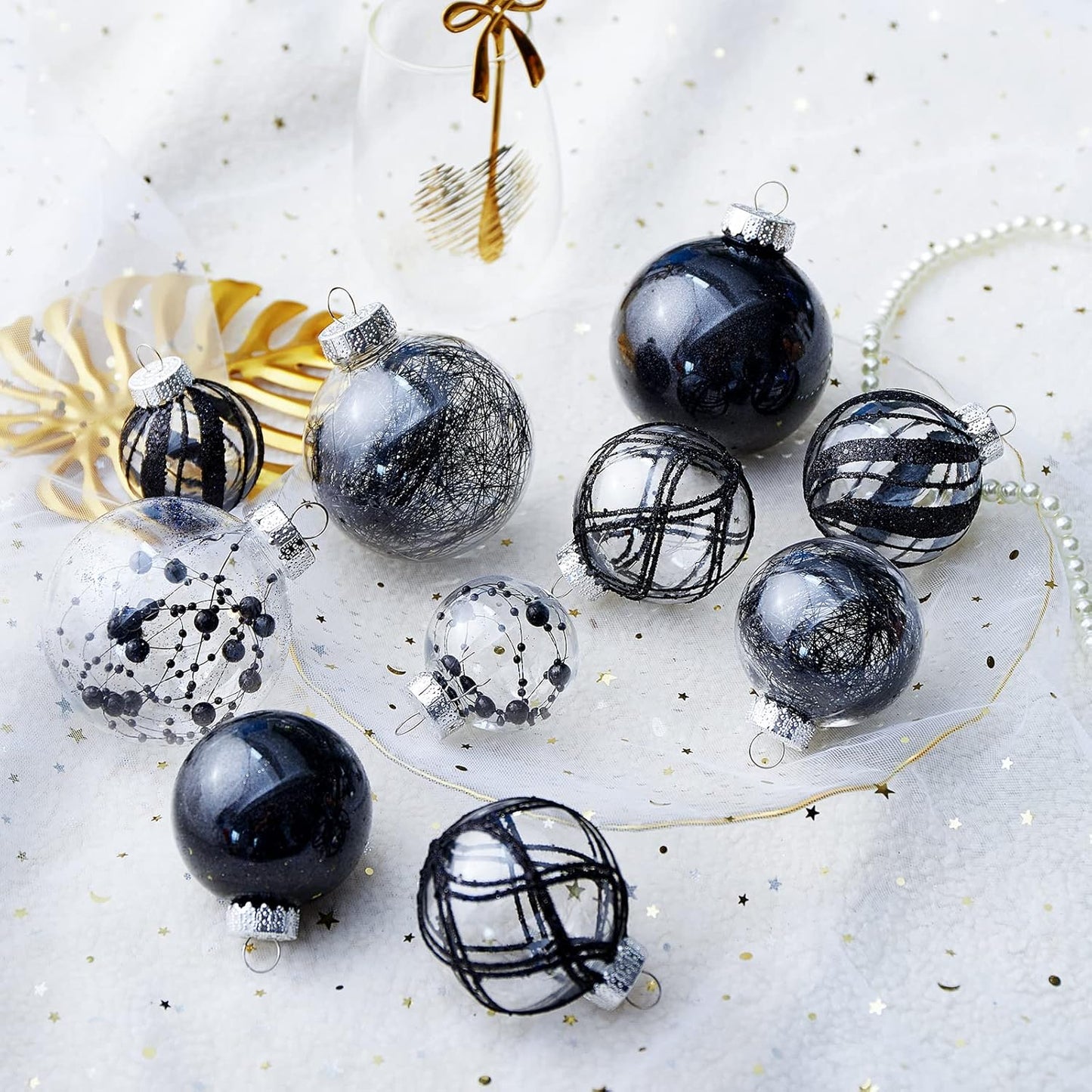 Clear Christmas Ball Ornaments,24ct Shatterproof Plastic Decorative Christmas Ornaments Hanging Xmas Tree Baubles Set with Stuffed Delicate Glittering Decorations for Holiday Party Home Decor(Black)