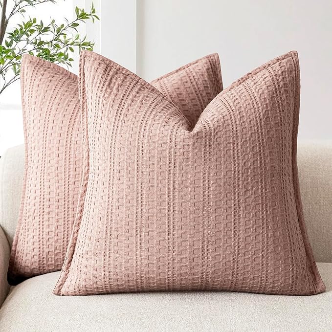 Foindtower Set of 2 Decorative Cotton Waffle Weave Throw Pillow Covers Euro Shams Cushion Covers Accent European Pillowcase for Bed Couch Sofa Bedroom Living Room Home Decor 18×18 Inch Dusty Pink
