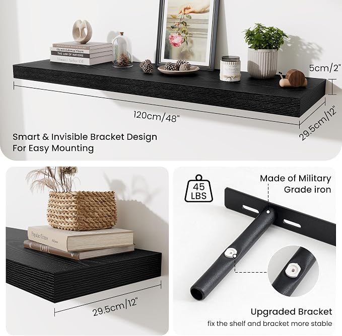 Fun Memories 48 Inch Floating Shelves for Wall - 12 Inch Deep Fireplace Mantel Shelf - Wood Floating Shelf for Wall - Large Storage Shelves Wall Mount for Living Room & Bedroom - Black - Set of 1