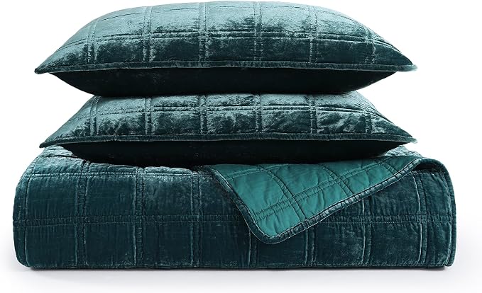 HiEnd Accent Stella Faux Silk Velvet Double Box Stitch 3 Piece Quilt Set, Full Queen Size, Storm Blue Solid Color, Classic Chic Modern Rustic Elegant Bedding Set, Lightweight Bed Set