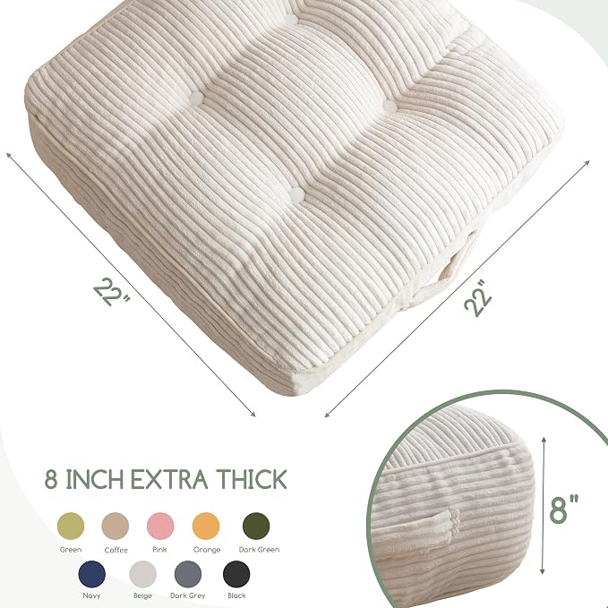 HIGOGOGO 8" Extra Thick Floor Pillow Cushion for Adults, Meditation Cushion Pillow, Large Square Floor Sitting, Tufted Corduroy Cover, for Tatami Living Room or Yoga, 22x22 Inch, 2Pack, Beige