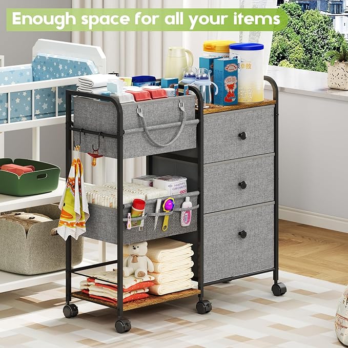 Cidaziya 2In1 Baby Diaper Caddy Organizer and Storage, 3 Tier Rolling Cart with Dividers and Drawers, Mobile Utility Cart Baby Dresser Clothes Organizer for Changing Table, Crib Nursery, Bedroom, Grey