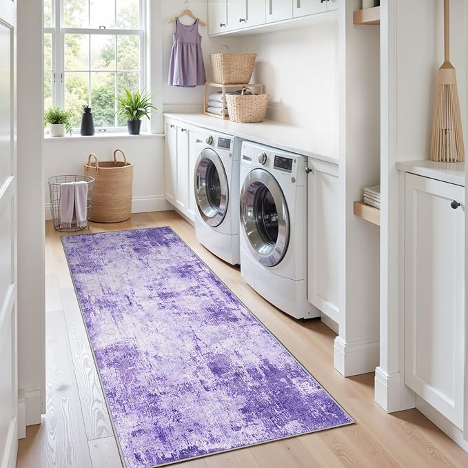 RELEANY Washable Area Rugs 2'x8' Non-Slip Modern Abstract Soft for Living Room Entryway Bedroom Nursery, Print Pattern, Purple Gray Pink White