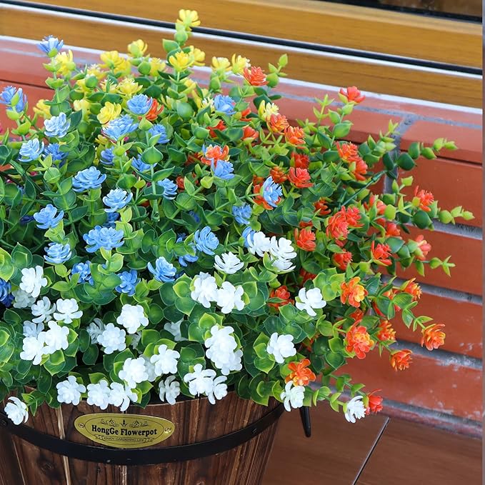 Artificial Flowers Outdoors, 12 Bundles Fake Flowers UV-Anti for Decoration Faux Plastic Plants Garden Porch Window Box Décor,YellowBlueWhiteOrange