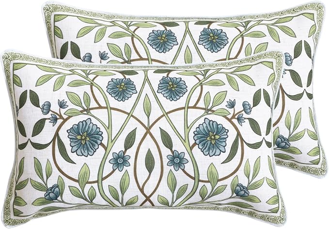 ISAENNE Designer Linen Throw Pillow Cover,Set of 2,20"x12"-Mosella A | French Elegant Rectangle Decor Pillow Cover,Concealed Zipper Design,Floral Pattern,Sofa,Bedroom,Living Room,Lounge Chairs