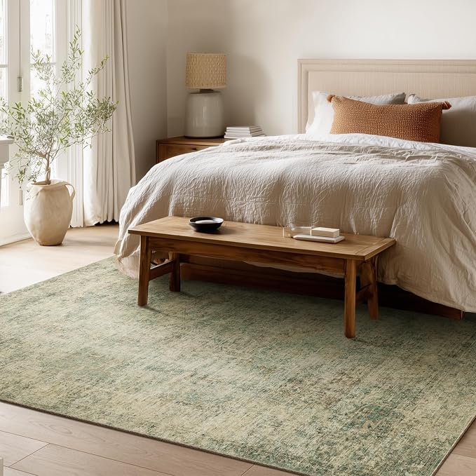 Machine Washable Rugs for Living Room: 6x9 Area Rugs for Bedroom Ultra Soft Non-Slip Low Pile Vintage Distress Boho Large Carpet for High-Traffic Dining Room - Farmhouse Decor